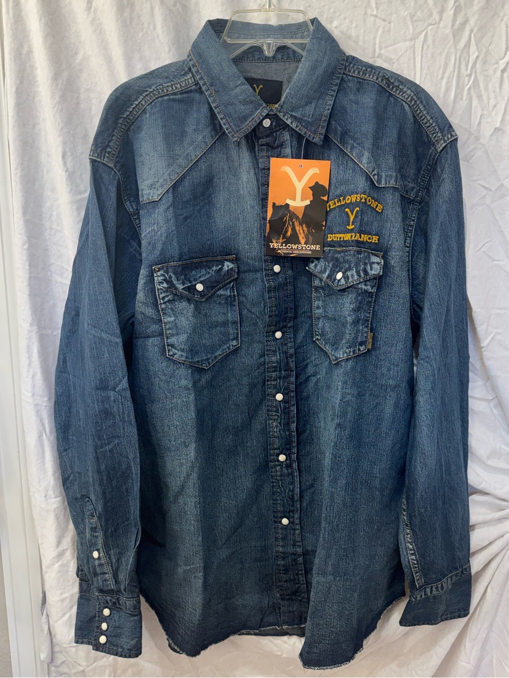 New Mens L/XL Denim L/S Pearl Snap Yellowstone Dutton Ranch Shirt 100% Cotton